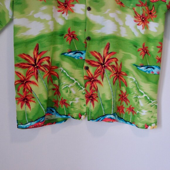 Hawaiian Shirt Floral Palm Trees Button Down Bright Colours Green Orange Size XL - Picture 8 of 12